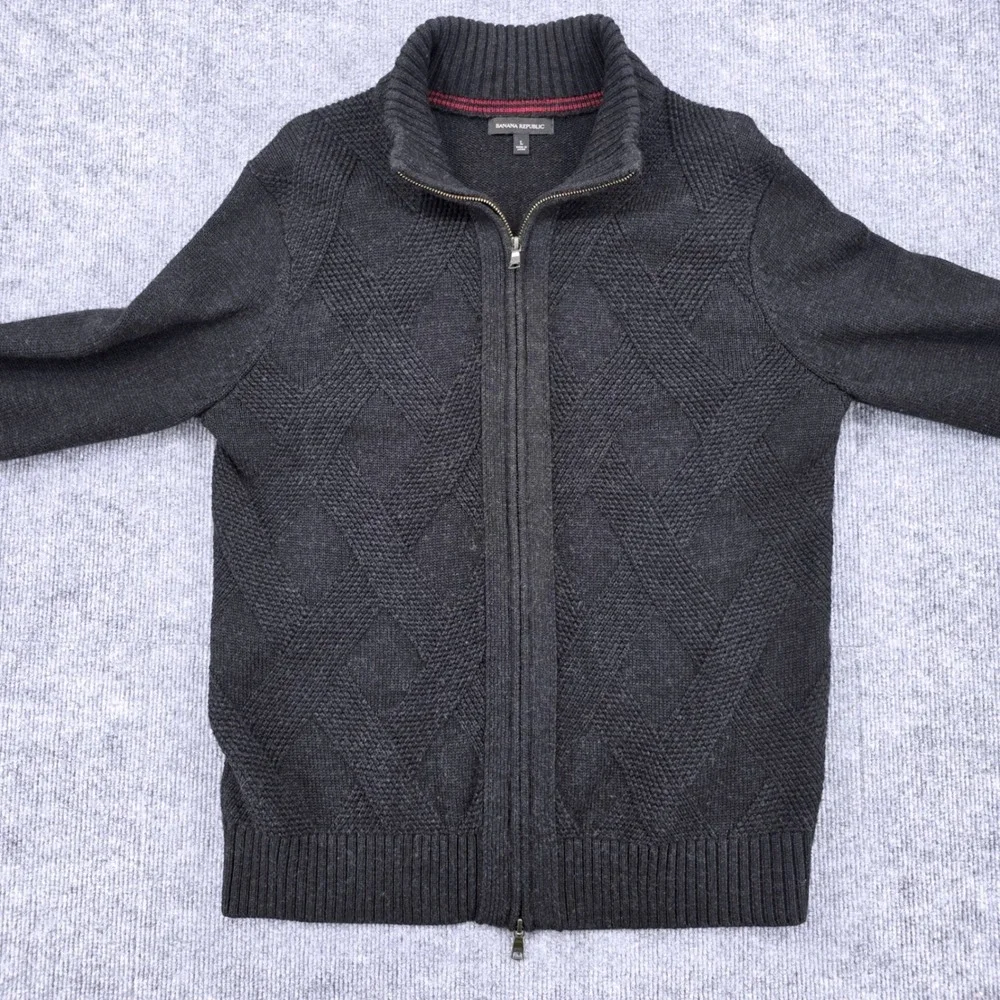 Banana Republic Mens Charcoal Black Merino Wool Blend Full Zip Sweater Size L